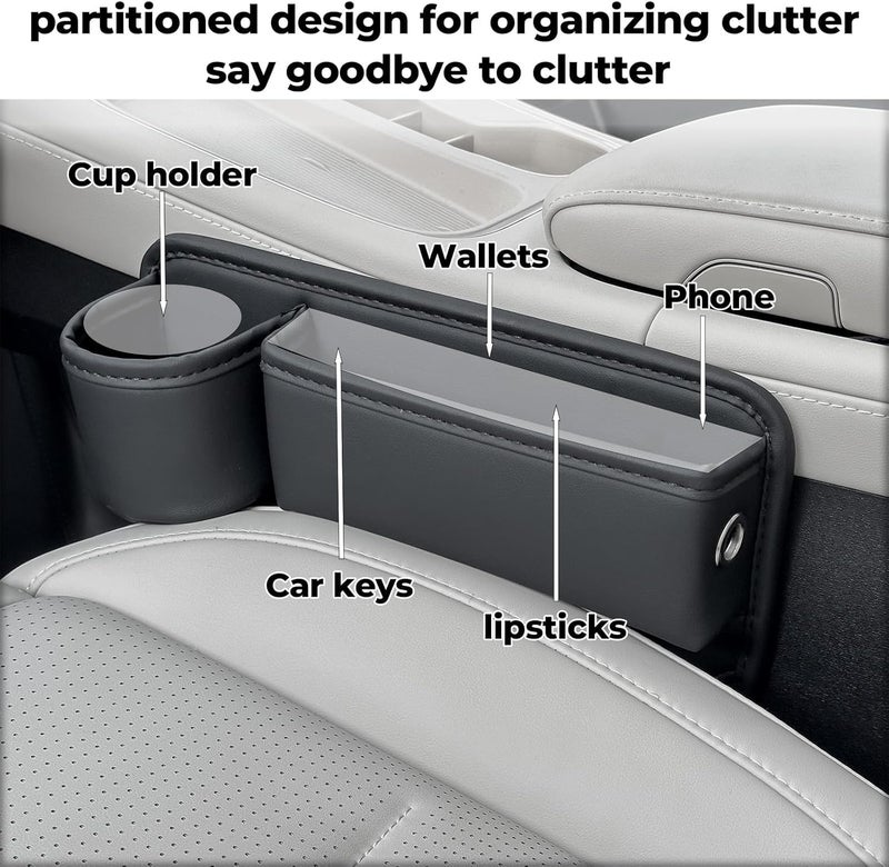 PLEW 2-Pack Black Obsidian Car Seat Gap Filler, Premium Leather Console Organizer Universal Fit for Car SUV Truck Multi-Purpose Essentials Organizer - Car Seat Gap Filler Organizer with Cup Holder - Image 2